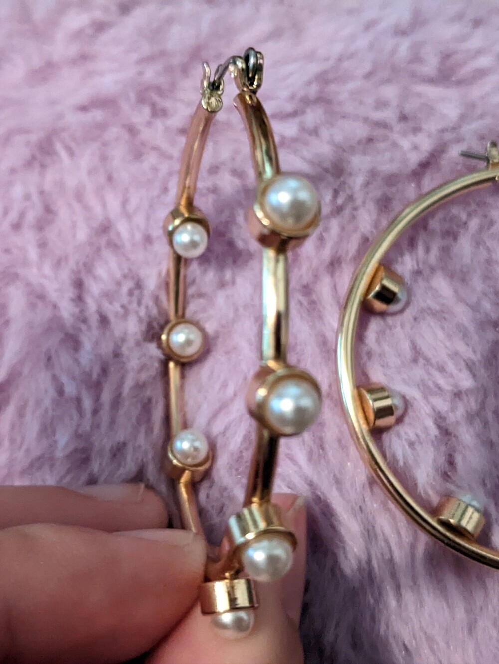 Betsey Johnson Earrings Faux Pearl Gold Tone  Hoops